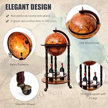 Goplus Globe Bar, 17.5” Globe Bar Liquor Cabinet with Wheels, Bottom Shelf, Old World Map, 16th Century Italian Replica Bar Globe, Retro Wine Stand, Globe Bar Cart for Dining Room Living Room Home