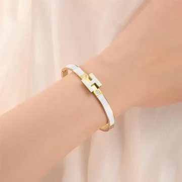 Hothink Gold Bracelets for Women,H Bracelet,Bangle Bracelets for Women,Dainty Bracelet Jewelry Easter Christmas Mothers Day Gifts for Women (White)