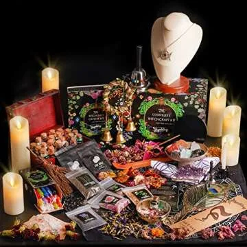 SHYSHINY Witchcraft Supplies Kit, 150Pack Wiccan Supplies and Tools Witchy Gifts for Beginners, Dried Herbs, Crystals, Candles, Green Witch Altar Starter Spell