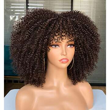 CURLCRAZY Curly Wig with Bangs for Black Women Short Kinky Curly Wig 14inch Afro Hair Halloween Part...