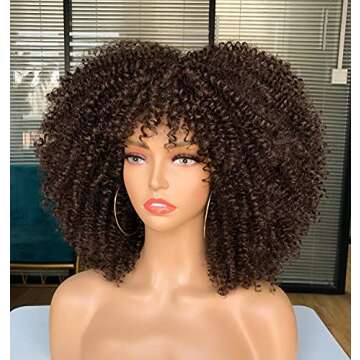 CURLCRAZY Curly Wig with Bangs for Black Women Short Kinky Curly Wig 14inch Afro Hair Halloween Party Christmas Cosplay Wigs (Dark Brown)