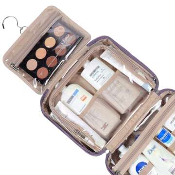 NISHEL Travel Toiletry Bag for Women Large Capacity, Makeup Essentials Organizer, Hanging Case for Accessories, Cosmetics, Purple