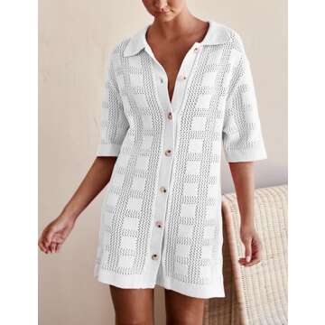 Lumister Summer Knit Shirt Dress for Women - Crochet Button Front Cover Up