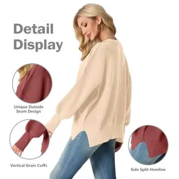 Lepunuo Women's Oversized Sweater 2024 Casual Fall Crewneck Long Sleeve Loose Side Slit Ribbed Knit Pullover Apricot