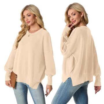 Lepunuo Women's Oversized Sweater 2024 Casual Fall Crewneck Long Sleeve Loose Side Slit Ribbed Knit Pullover Apricot