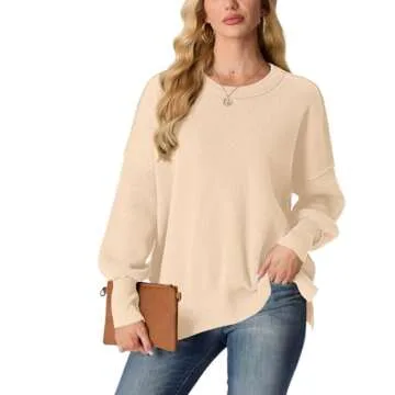 Lepunuo Women's Oversized Sweater 2024 Casual Fall Crewneck Long Sleeve Loose Side Slit Ribbed Knit Pullover Apricot