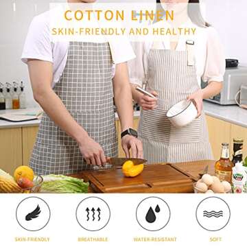 Tosewever 2 Pieces Kitchen Cooking Aprons, Waterproof Linen Adjustable Bib Aprons with 2 Pockets for...