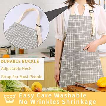 Tosewever 2 Pieces Kitchen Cooking Aprons, Waterproof Linen Adjustable Bib Aprons with 2 Pockets for Women Men Chef (Grey Stripes/Plaids, 2)