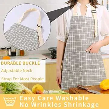 Tosewever 2 Pieces Kitchen Cooking Aprons, Waterproof Linen Adjustable Bib Aprons with 2 Pockets for Women Men Chef (Grey Stripes/Plaids, 2)