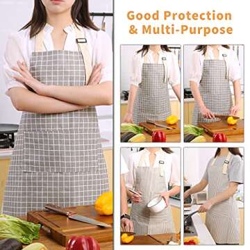 Tosewever 2 Pieces Kitchen Cooking Aprons, Waterproof Linen Adjustable Bib Aprons with 2 Pockets for Women Men Chef (Grey Stripes/Plaids, 2)