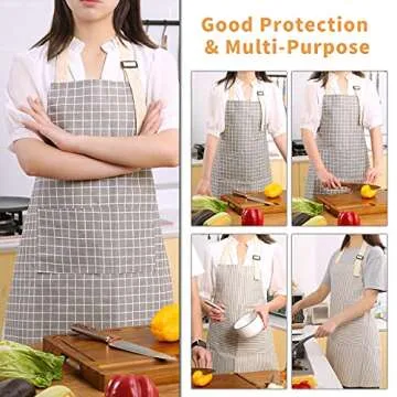 Tosewever 2 Pieces Kitchen Cooking Aprons, Waterproof Linen Adjustable Bib Aprons with 2 Pockets for Women Men Chef (Grey Stripes/Plaids, 2)