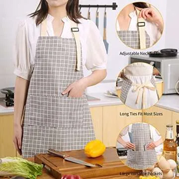 Tosewever 2 Pieces Kitchen Cooking Aprons, Waterproof Linen Adjustable Bib Aprons with 2 Pockets for Women Men Chef (Grey Stripes/Plaids, 2)