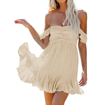 AVALEBETI Women's Off Shoulder Mini Dress Sweetheart Neckline Smocked Ruffle Flowy Swing Short Summe...