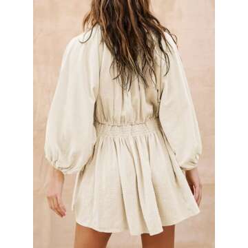 Acelitt Spring Dresses for Women 2025 Fashion Trendy Long Sleeve V Neck Casual Loose Flowy Ruffle A Line Babydoll Mini Dress Beach Vacation Outfits Beige M