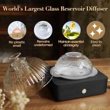 Glass Dome Essential Oil Diffuser with Glass Reservoir & Wood Base-Plastic Free, 200ml Ultrasonic Gl...