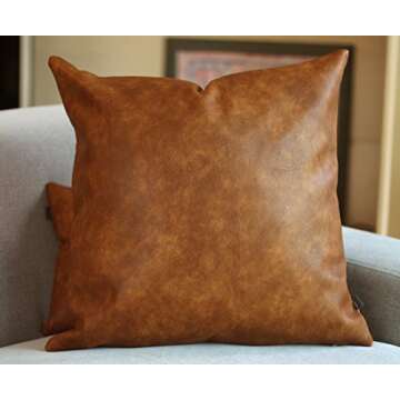 Kdays Thick Brown Faux Leather Throw Pillow Cover Cognac Leather Decorative Throw Pillow Case Farmhouse Decor Sofa Couch Cushion Covers Modern Minimalist Vegan Pillow Cover 20x20 Inches