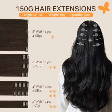 DOORES Hair Extensions Clip in Human Hair, Light Dark Brown 22 Inch 150g 9pcs, Real Hair Extensions ...