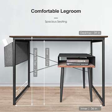 AuAg 39" Computer Desk, Sturdy Home Office Desk, Work Table with Storage Bag and Hook, Wooden Writing Bar for Bedroom, Modern Laptop Desk, Study Table for Small Space, Rustic Brown