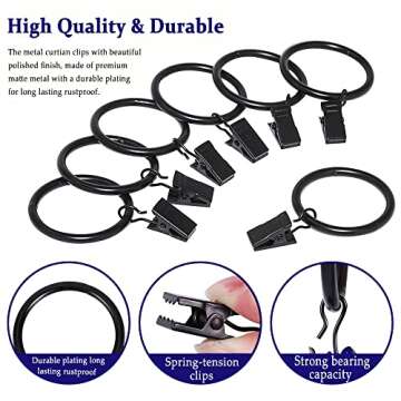 100Pack Curtain Rings with Clips Hooks, Rustproof Metal Stainless Steel Drapery Rings, 1.5in Interior Diameter Curtain Hangers Clips, Fits Diameter 1.2 in Rod, Vintage Black