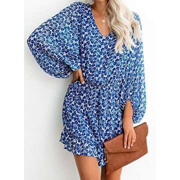 Dokotoo Womens Cute Spring V Neck Chiffon Lantern Long Sleeve Floral Boho Bohemian Hawaiian Flowy Mini Short Tunic Skirt Dresses for Women Casual Summer 2021 Blue Large