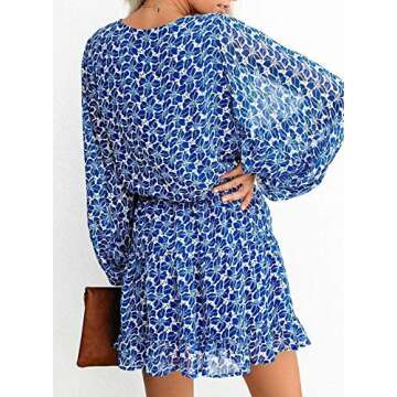 Dokotoo Womens Cute Spring V Neck Chiffon Lantern Long Sleeve Floral Boho Bohemian Hawaiian Flowy Mini Short Tunic Skirt Dresses for Women Casual Summer 2021 Blue Large