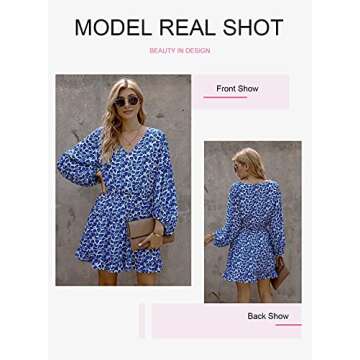 Dokotoo Womens Cute Spring V Neck Chiffon Lantern Long Sleeve Floral Boho Bohemian Hawaiian Flowy Mini Short Tunic Skirt Dresses for Women Casual Summer 2021 Blue Large