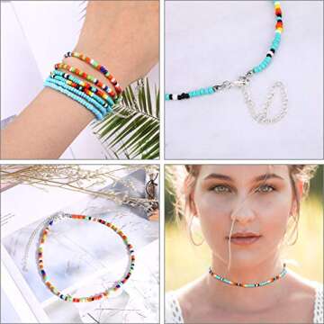 Hicarer 6 Pcs Bead Choker Necklace for Women Colorful Bohemian Glass Seed Bead Necklace Tiny Jewelry Gift for Valentine's Day(Beautiful Style)