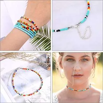 Hicarer 6 Pcs Bead Choker Necklace for Women Colorful Bohemian Glass Seed Bead Necklace Tiny Jewelry Gift for Valentine's Day(Beautiful Style)