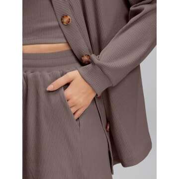 AUTOMET Womens 3 Piece Lounge Sets Sexy Cute Knit Plus Size Post Partum Pajamas Sets Shorts Cotton Soft Fall Matching pjs Casual Winter Loungewear Set with Cardigan Crop tops Mocha Brown