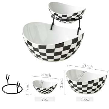 Miamolo Tiered Serving Bowls Chip and Dip Serving Set, Checkered Serving Bowl with Stand, Ceramic Ap...