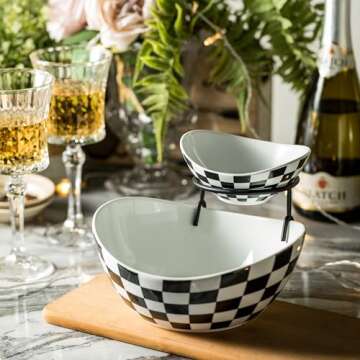 Miamolo Tiered Serving Bowls Chip and Dip Serving Set, Checkered Serving Bowl with Stand, Ceramic Appetizer Serving Dishes Serving Platters and Trays for Parties Entertaining