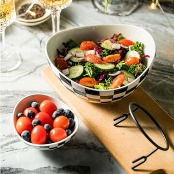 Miamolo Tiered Serving Bowls Chip and Dip Serving Set, Checkered Serving Bowl with Stand, Ceramic Appetizer Serving Dishes Serving Platters and Trays for Parties Entertaining