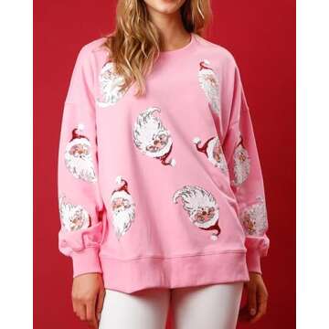 Glkaend Women's Cute Santa Christmas Sweatshirts Funny Graphic Lightweight Sequins Long Sleeve Pullover Hoodies,Pink,L