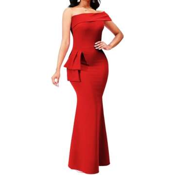 Red Formal Dresses for Women Sexy Bodycon One Off Shoulder Mermaid Cocktail Floor Length Prom Long D...