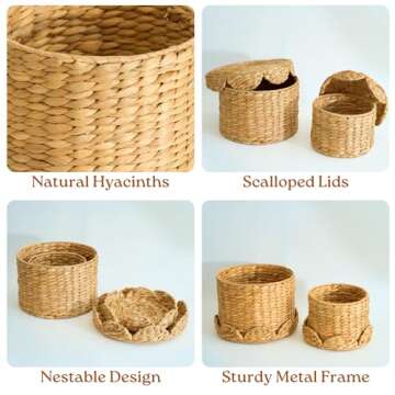 Chi An Home Scalloped Wicker Storage Baskets with Lid, Set of 2 Round Basket Decorative Boxes, Handw...
