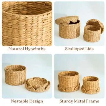 Chi An Home Scalloped Wicker Storage Baskets with Lid, Set of 2 Round Basket Decorative Boxes, Handw...