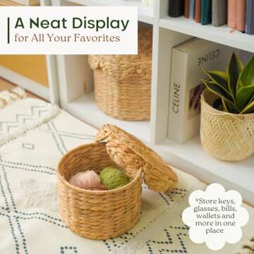 Chi An Home Scalloped Wicker Storage Baskets with Lid, Set of 2 Round Basket Decorative Boxes, Handwoven Hyacinth Baskets with Lids, Woven Storage Box for Home Organization