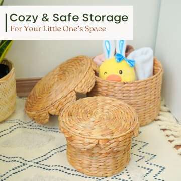 Chi An Home Scalloped Wicker Storage Baskets with Lid, Set of 2 Round Basket Decorative Boxes, Handwoven Hyacinth Baskets with Lids, Woven Storage Box for Home Organization