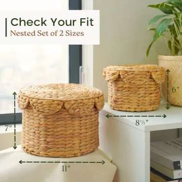 Chi An Home Scalloped Wicker Storage Baskets with Lid, Set of 2 Round Basket Decorative Boxes, Handwoven Hyacinth Baskets with Lids, Woven Storage Box for Home Organization