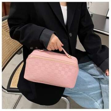 cirea Brown Large Capacity Travel Cosmetic Bag Plaid Checkered Makeup Bag PU Leather Waterproof Skin...