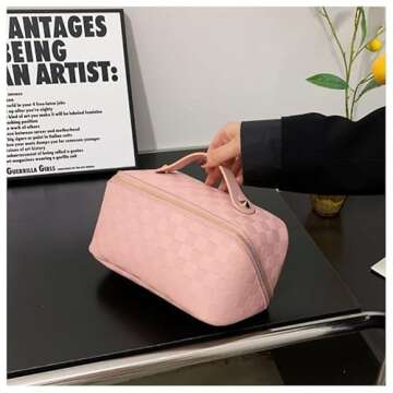 cirea Brown Large Capacity Travel Cosmetic Bag Plaid Checkered Makeup Bag PU Leather Waterproof Skincare Bag with Handle and Divider (Pink)