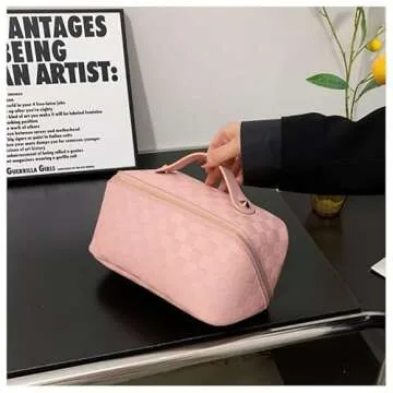 cirea Brown Large Capacity Travel Cosmetic Bag Plaid Checkered Makeup Bag PU Leather Waterproof Skincare Bag with Handle and Divider (Pink)