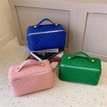 cirea Brown Large Capacity Travel Cosmetic Bag Plaid Checkered Makeup Bag PU Leather Waterproof Skincare Bag with Handle and Divider (Pink)