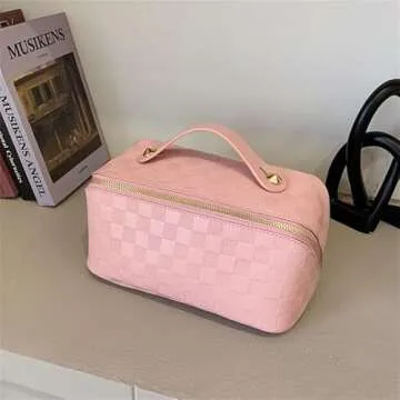 cirea Brown Large Capacity Travel Cosmetic Bag Plaid Checkered Makeup Bag PU Leather Waterproof Skincare Bag with Handle and Divider (Pink)