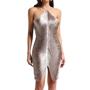 BELLA BARNETT Champagne Metallic Halter Dress Open Back Fringe Dress Mini Bodycon Dress Trendy Club ...