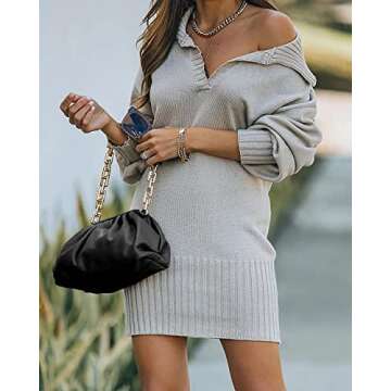 BTFBM Women Casual V Neck Knit Mini Fall Sweater Dresses Long Sleeve Loose Fit Solid Color Ribbed Pullover Jumper Sweaters(Solid Grey, Small)