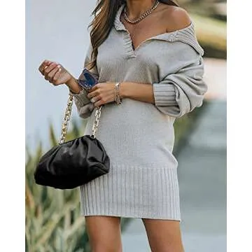 Stylish BTFBM Women V Neck Knit Mini Fall Sweater Dress