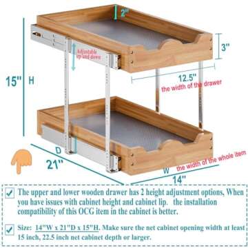OCG Pull Out Drawers For Cabinets 14"W x 21"D, 2 Tier Heavy-Duty Slide out Wood Drawer Shelf, Pull Out Drawer for Cabinets, Base Cabinet Organization ​for Kitchen, Pantry, Bathroom