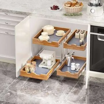 OCG Pull Out Drawers For Cabinets 14"W x 21"D, 2 Tier Heavy-Duty Slide out Wood Drawer Shelf, Pull Out Drawer for Cabinets, Base Cabinet Organization ​for Kitchen, Pantry, Bathroom