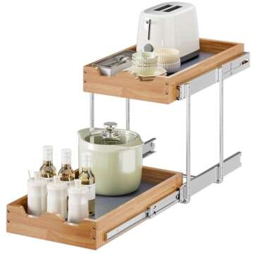 OCG Pull Out Drawers For Cabinets 14"W x 21"D, 2 Tier Heavy-Duty Slide out Wood Drawer Shelf, Pull Out Drawer for Cabinets, Base Cabinet Organization ​for Kitchen, Pantry, Bathroom